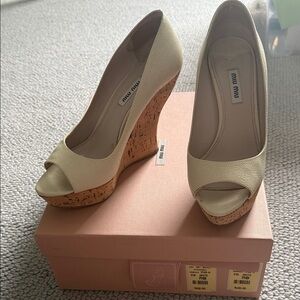 Miu Miu Cream Cork Wedge Peep-Toe Shoes